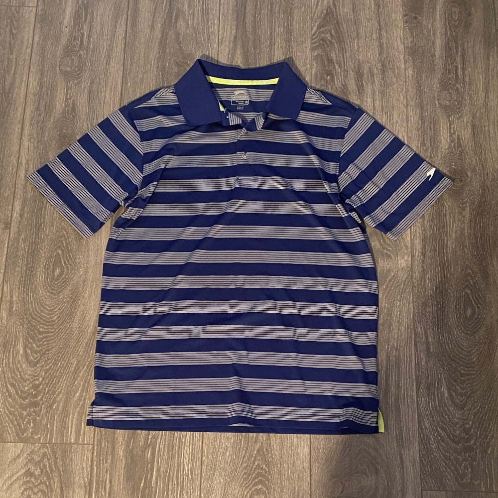 Slazenger - Navy & White Striped Short Sleeve Golf Polo - Size M